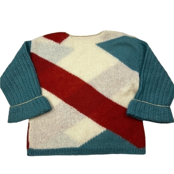 Boxy Geometric Print Fuzzy Mohair Blend Sweater Gold Trim Vintage Handmade - Picture 7 of 8